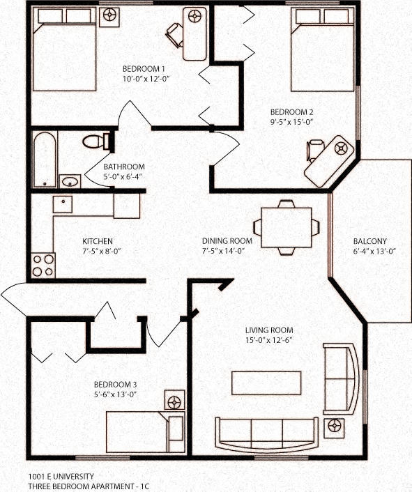 Floor plan for 3 beds, 1 bath, 1080 sqft